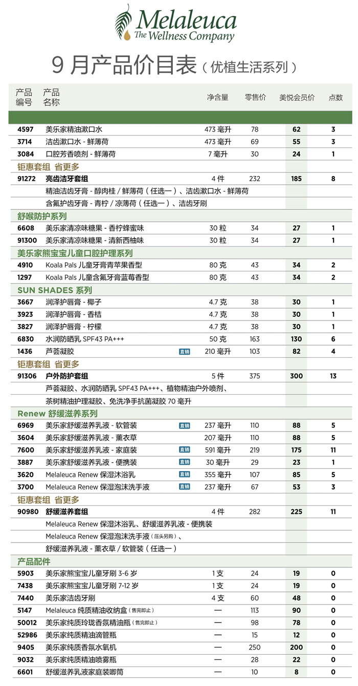 2026年9月份美乐家产品价目表