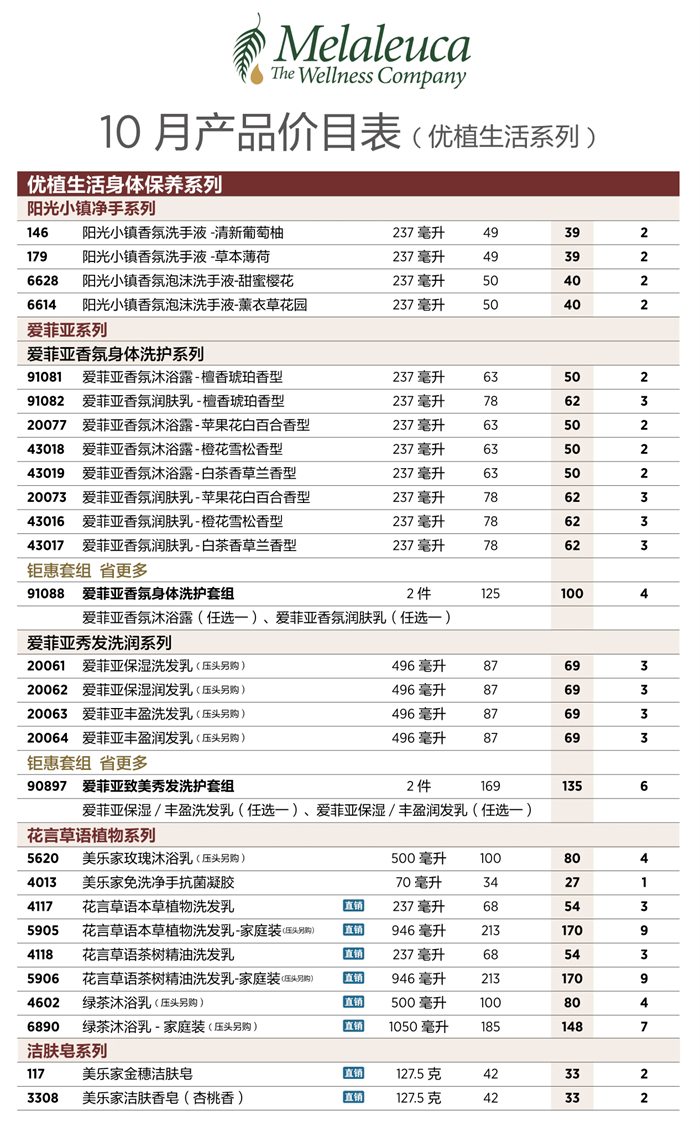2026年10月份美乐家产品价目表