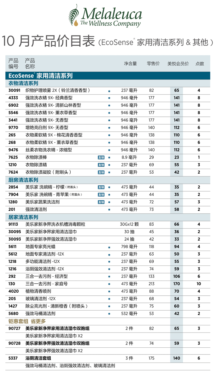 2026年10月份美乐家产品价目表