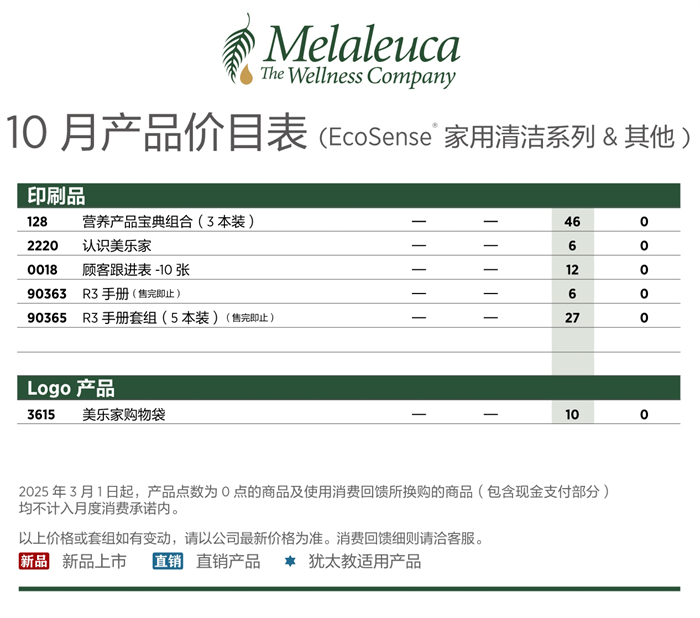 2026年10月份美乐家产品价目表